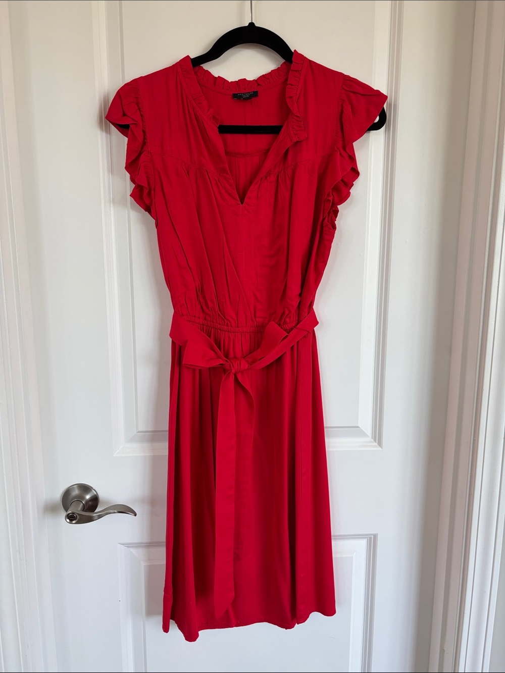 Ann Taylor Red Belted Ruffle-Sleeve Dress
